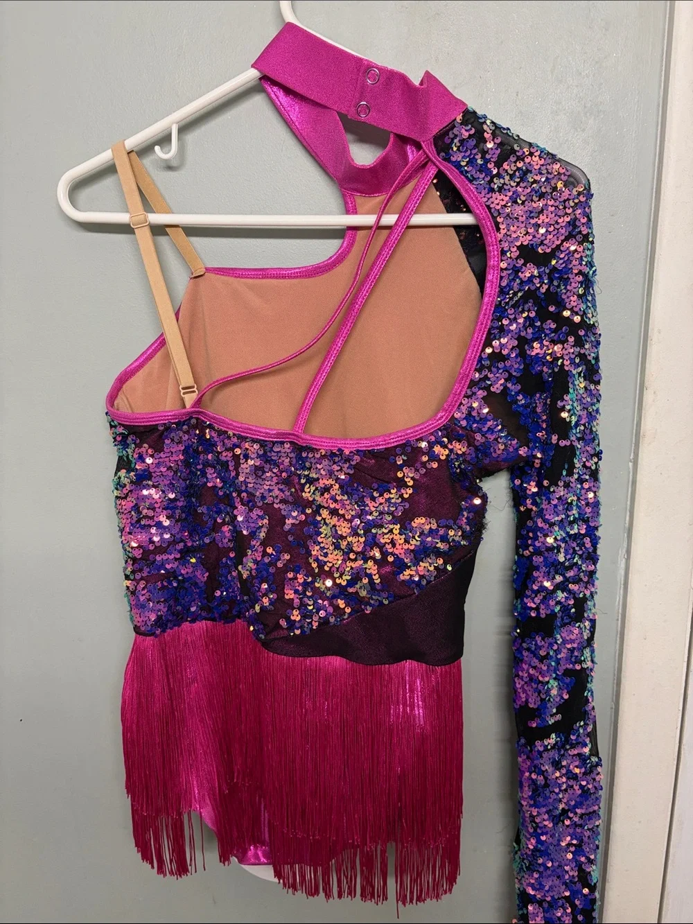 Weissman Girls Sequined One-Shoulder Dance Costume in Pink and Purple